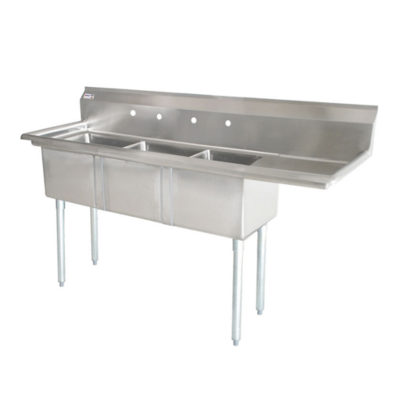 Évier commercial à 3 compartiments Omcan 25260 de 250,19 cm x 74,93 cm avec égouttoir à droite