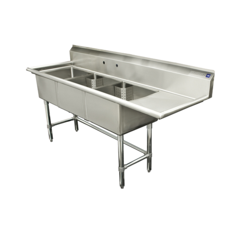 Évier commercial Thorinox TTS-2424-R24 98,5" x 30" en acier inoxydable à 3 compartiments avec égouttoir à droite de 24"
