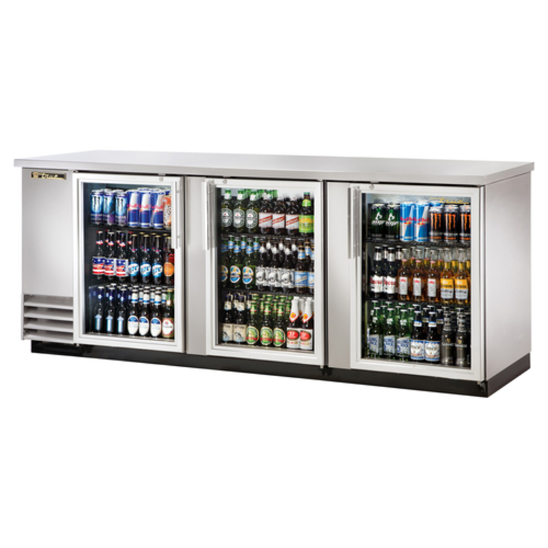 Meuble arrière de bar réfrigéré True TBB-4G-S-HC-LD en acier inoxydable, 3 portes, 229,5 cm