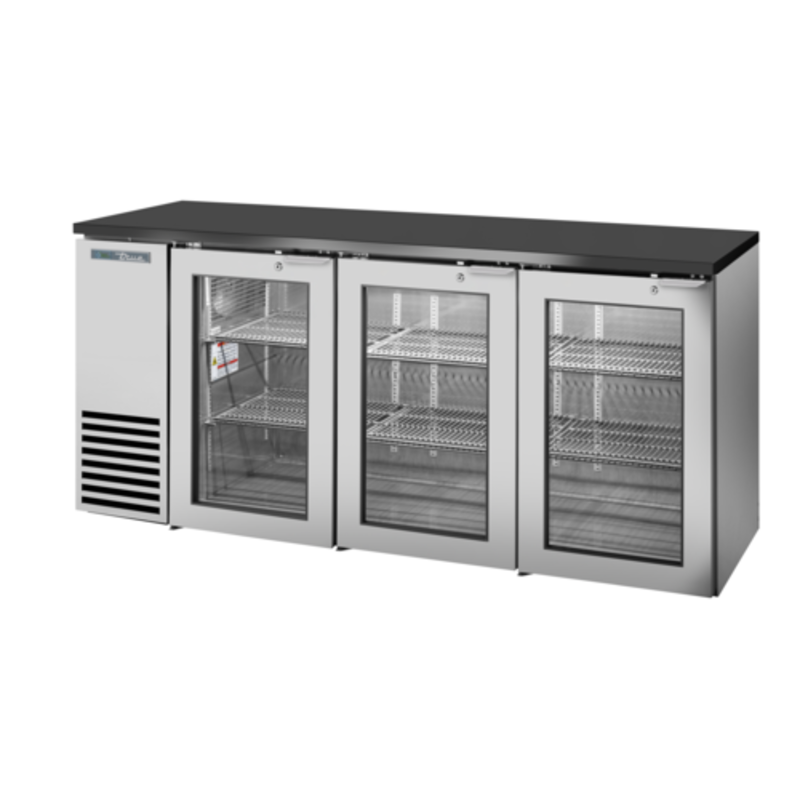 Réfrigérateur arrière de bar True Refrigeration TBB24-72-3G-Z1-BST-S-1, 3 portes vitrées, 183 cm, acier inoxydable
