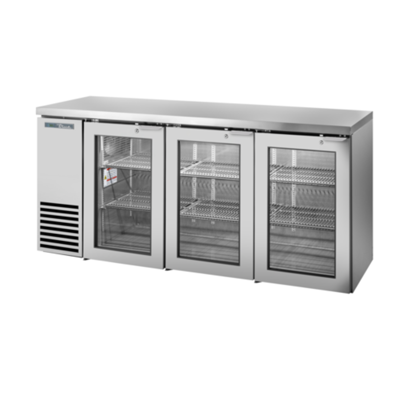 Réfrigérateur de bar arrière True Refrigeration TBB24-72-3G-Z1-SFT-S-1 en acier inoxydable de 72 pouces avec portes vitrées