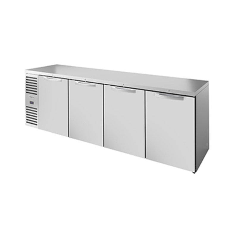 Réfrigérateur de bar arrière True Refrigeration TBR108-RISZ1-L-S-SSSS-1 en acier inoxydable de 274 cm avec portes pleines