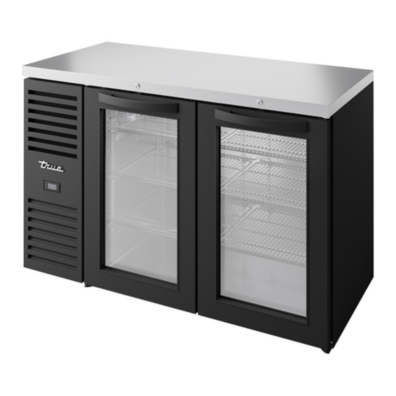 Réfrigérateur de bar arrière True TBR52-RISZ1-L-B-GG-1 de 52 po à porte vitrée avec plateau en acier inoxydable