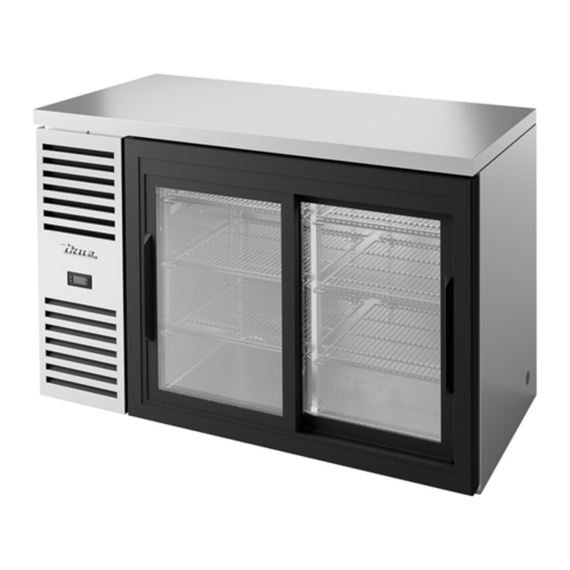 Réfrigérateur de bar arrière en acier inoxydable True Refrigeration TBR52-RISZ1-L-S-11-1 de 52 pouces avec portes coulissantes en verre