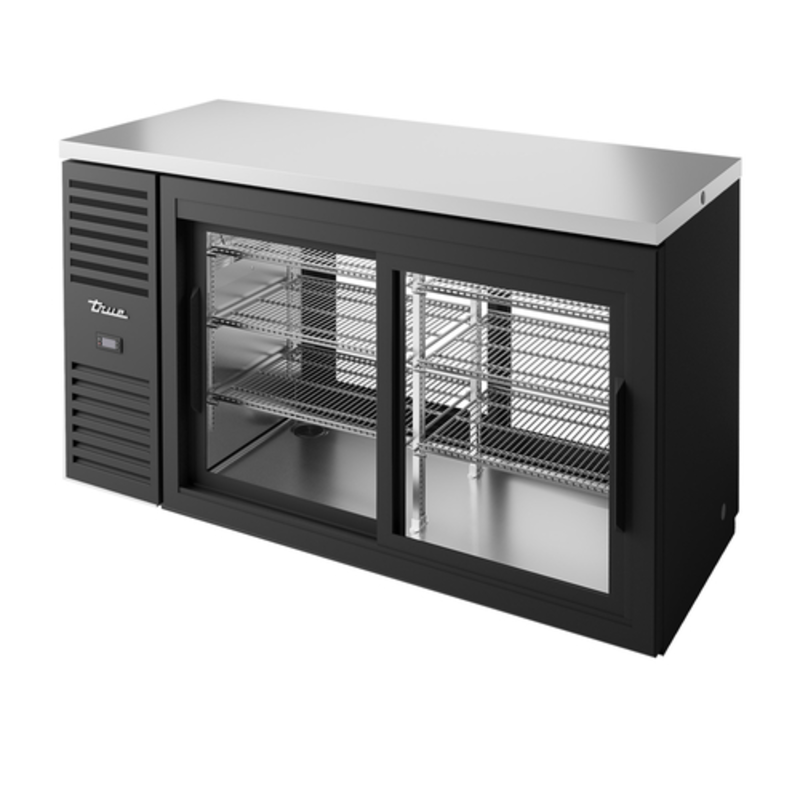 True TBR60-PTSZ1-L-B-11-11-1 Réfrigérateur de bar arrière à portes coulissantes en verre, noir, de 60 pouces, avec fonction passe-plat
