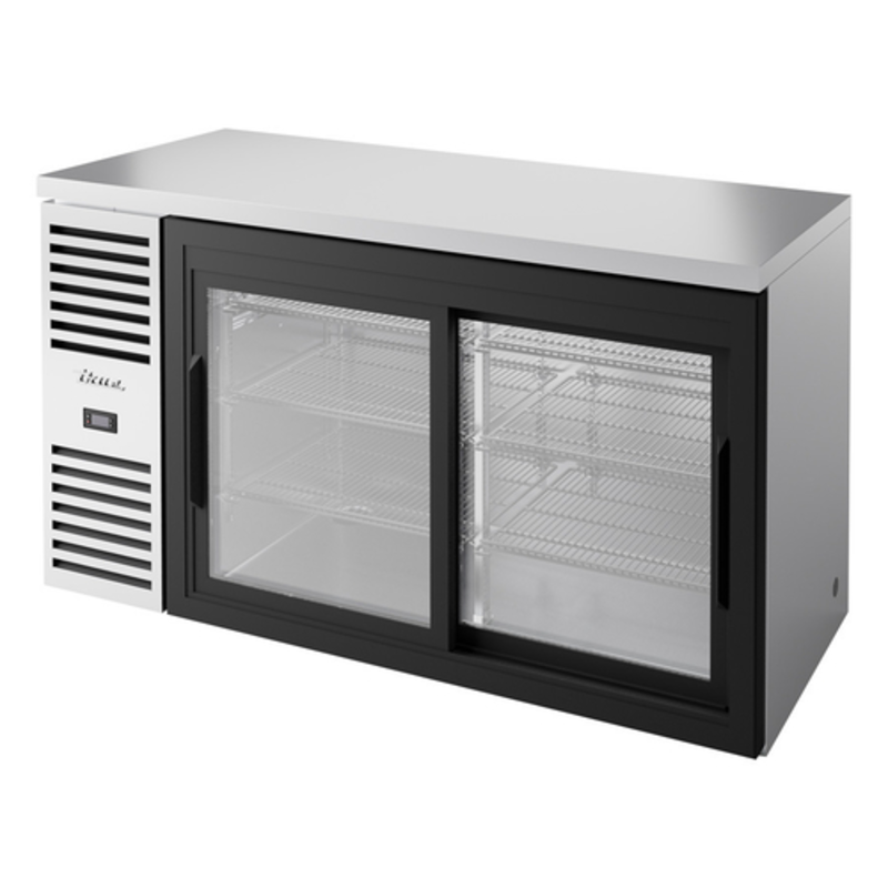 Réfrigérateur de bar arrière True Refrigeration TBR60-RISZ1-L-S-11-1 en acier inoxydable de 60 pouces avec portes coulissantes en verre