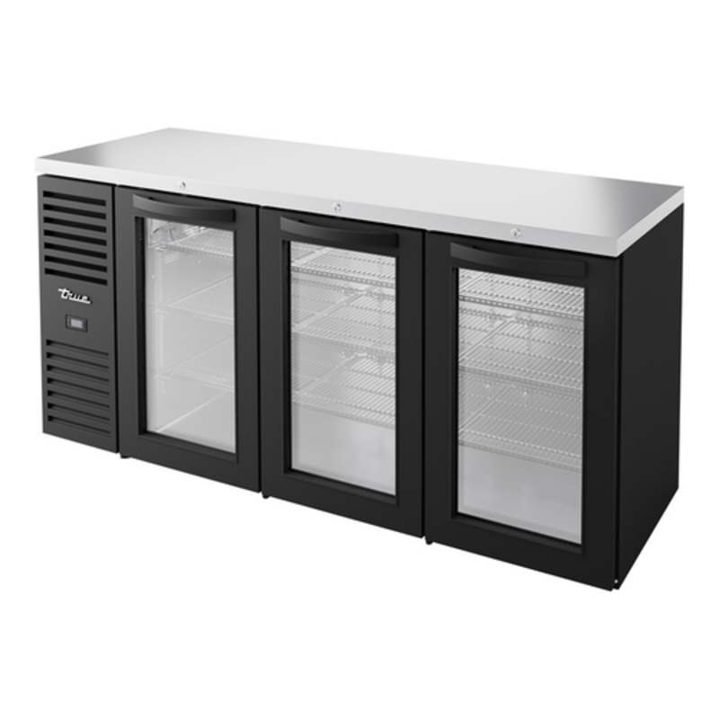 Réfrigérateur de bar arrière True TBR72-RISZ1-L-B-GGG-1 de 72 po, portes en verre noir, avec dessus en acier inoxydable