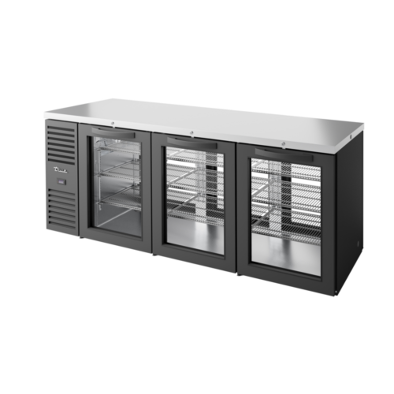 Armoire arrière de bar réfrigérée traversante noire True Refrigeration TBR84-PTSZ1-L-B-GGG-GGG-1 de 84 pouces