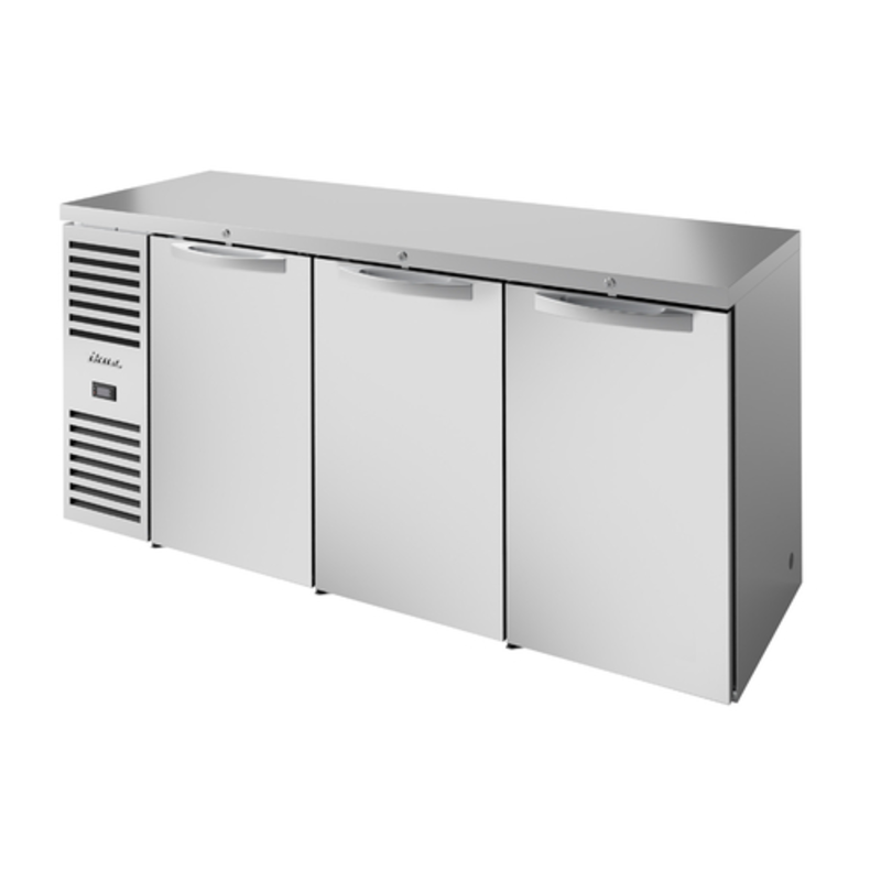 Réfrigérateur de bar arrière True TBR84-RISZ1-L-S-SSS-1 en acier inoxydable de 84 pouces à 3 portes solides