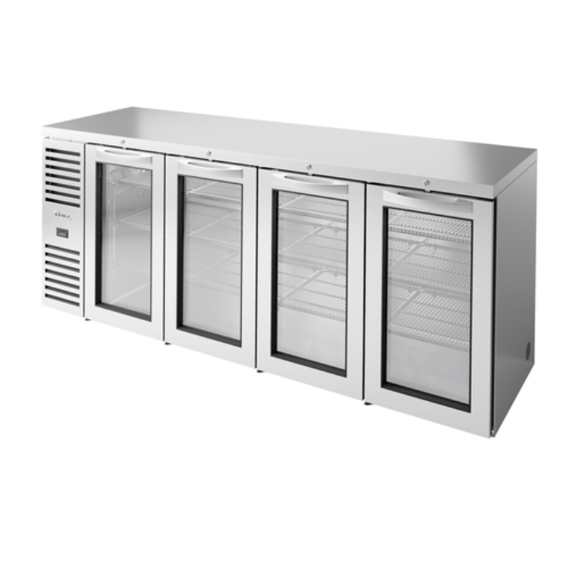 True TBR92-RISZ1-L-S-GGGG-1 Refroidisseur de bar arrière à 4 portes vitrées de 234 cm – Acier inoxydable, utilisation extérieure