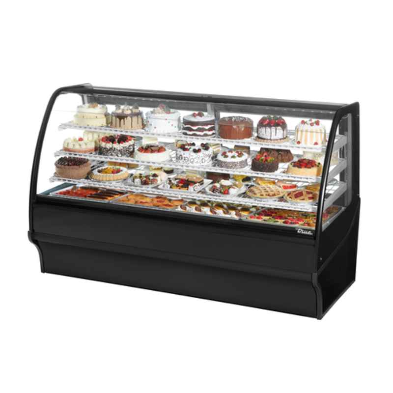 Vitrine de boulangerie réfrigérée True Refrigeration TDM-R-77-GE/GE-B-W de 77 pouces avec verre incurvé et extérieur noir