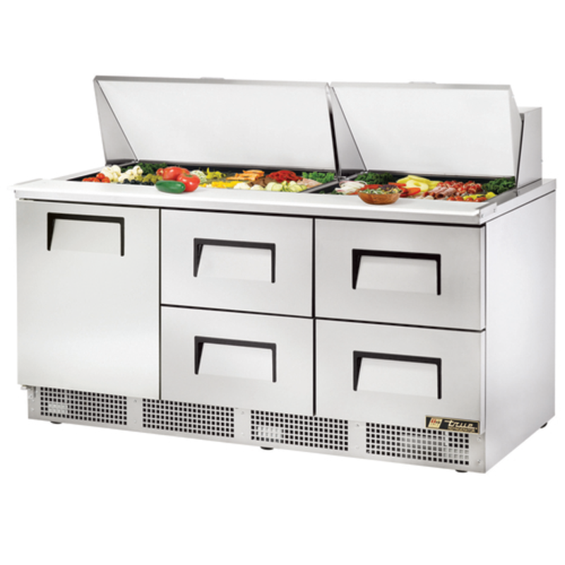 Table de préparation alimentaire True TFP-72-30M-D-4-HC de 72 pouces avec dessus mega top, 1 porte et 4 tiroirs