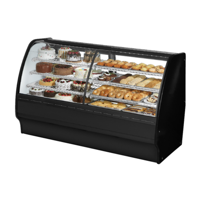 Vitrine réfrigérée double zone True TGM-DZ-77-SC/SC-B-W à vitre incurvée pour charcuterie et pâtisserie, 77-1/4"