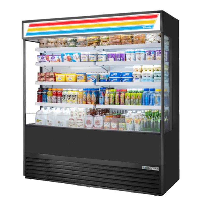 True TOAM-72GS-HC~TSL01 Vitrine réfrigérée ouverte noire de 183 cm avec parois en verre