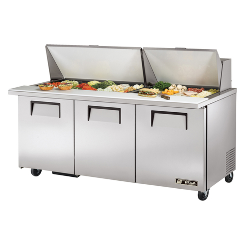 Table de préparation à sandwichs et salades True TSSU-72-30M-B-ST-HC, 3 portes, 72 pouces, Mega Top